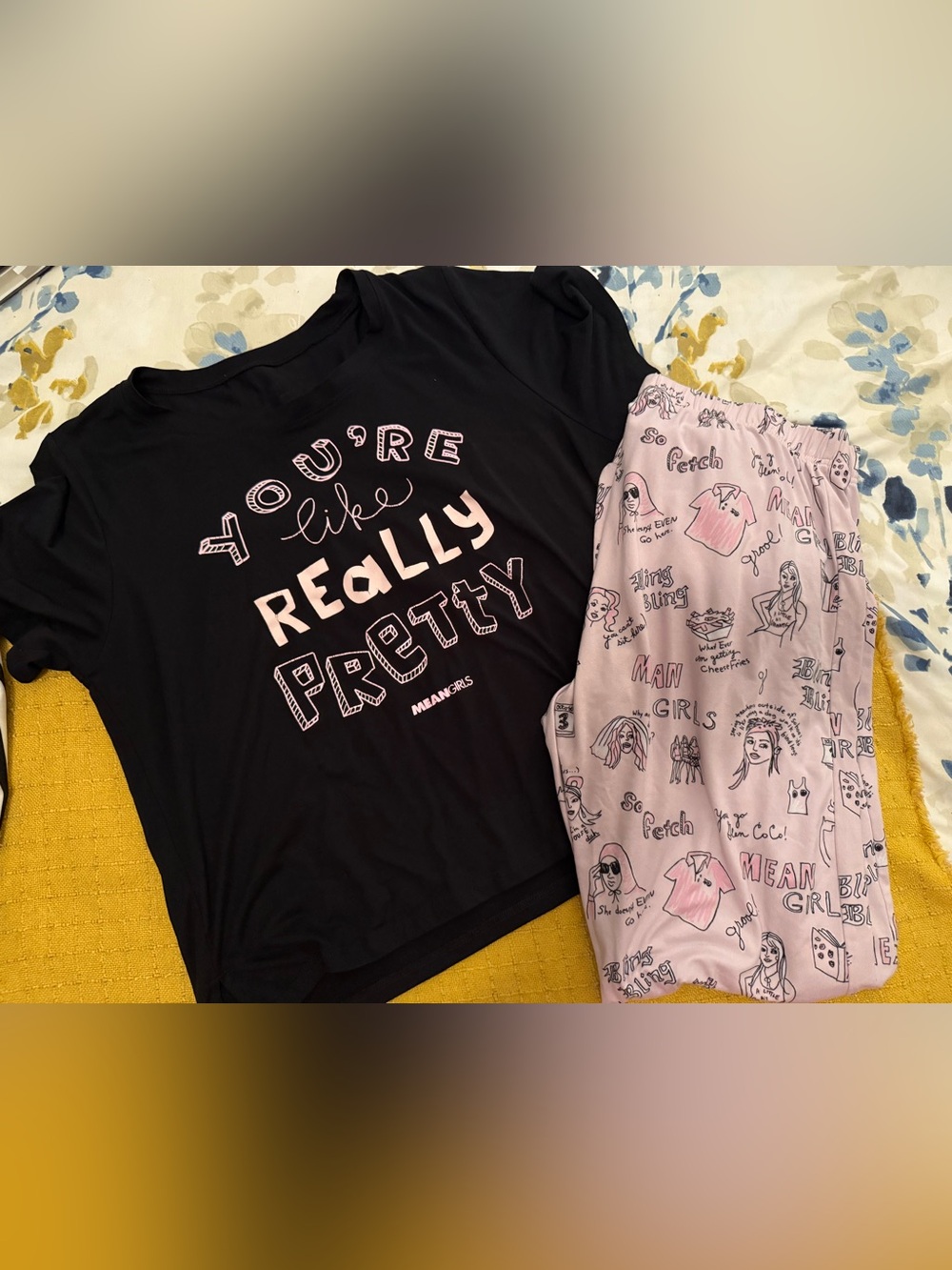 Women’s Two-Piece Pajama Set - Black Top & Light Pink Printed Pants